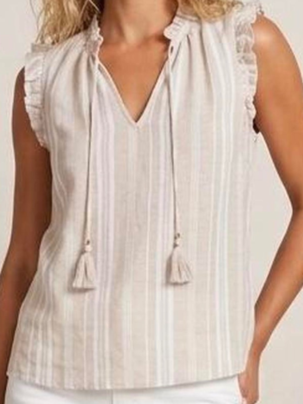 Ellen Tracy Women's Linen Blouse Striped Beige Tank Size Medium